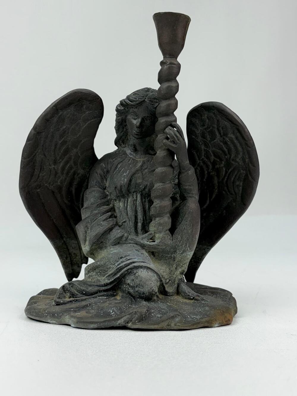 Everhart Patinated Angel Candle Holder Signed Empire Bronze Sculpture Statue